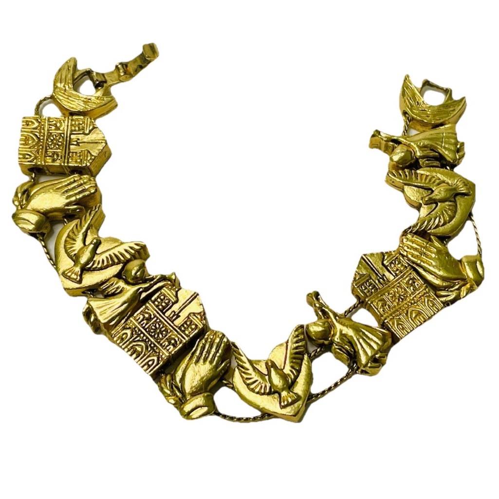 Gold Slide Bracelet -Dove Church Praying Hands Angel - Christian Religious 25$